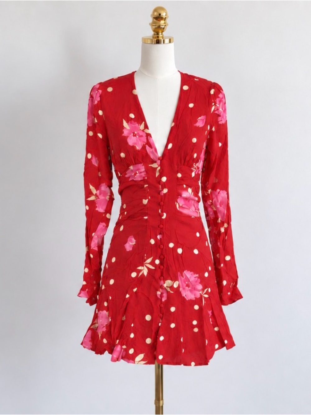 Free People Red Floral & Polka Dot Long Sleeve Mini Dress